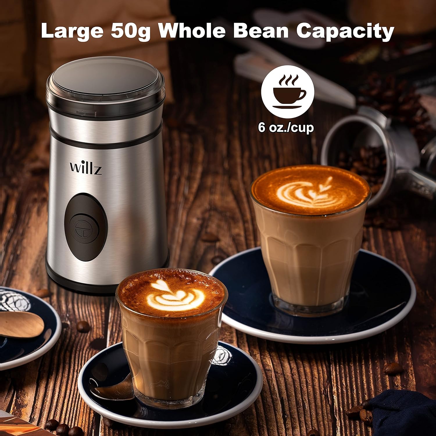 Willz Electric Coffee Grinder for Coffee Beans, Spices, & Herbs with Easy On/Off Button Control, 50g Grinding Capacity, Makes up to 6 cups, 200W,