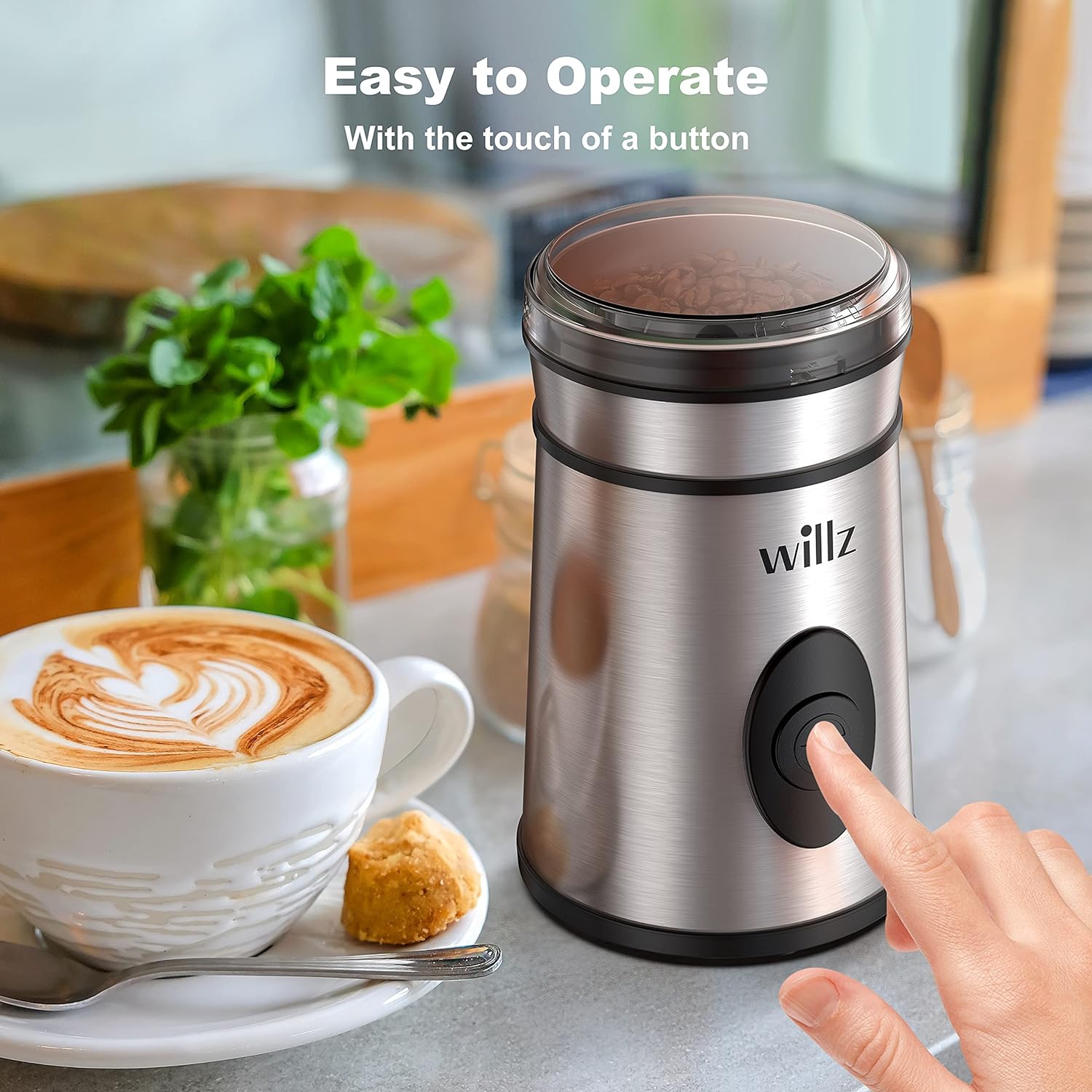 Willz Electric Coffee Grinder for Coffee Beans, Spices, & Herbs with Easy On/Off Button Control, 50g Grinding Capacity, Makes up to 6 cups, 200W,