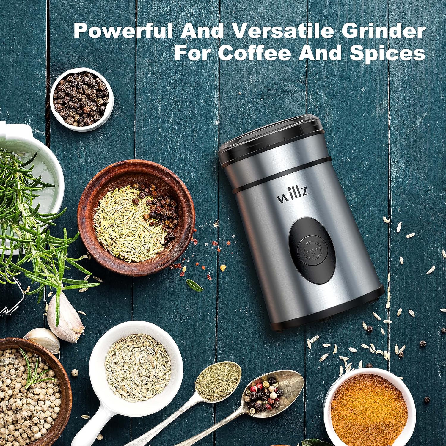 Willz Electric Coffee Grinder for Coffee Beans, Spices, & Herbs with Easy On/Off Button Control, 50g Grinding Capacity, Makes up to 6 cups, 200W,