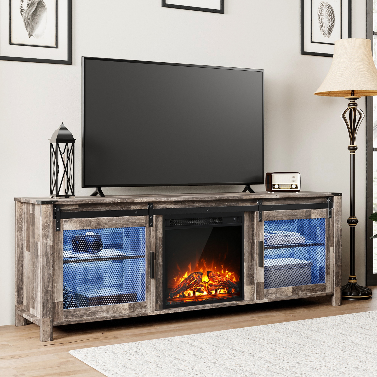 WAMPAT Fireplace TV Stand for 75 Inches TV with Blue LED Lights, Wood Entertainment Center with Sliding Barn Door for Living Room Bedroom,Dark Rustic Oak