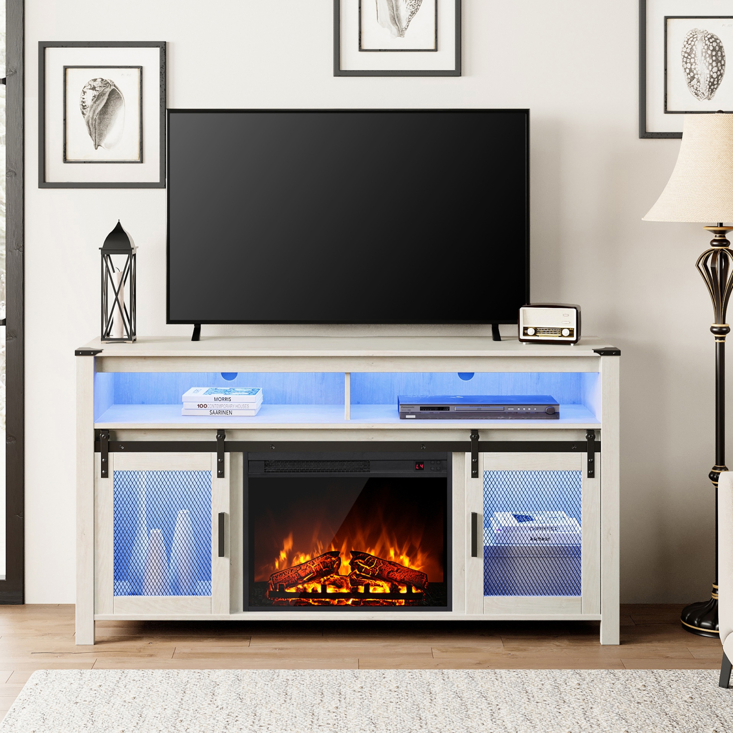 WAMPAT Fireplace TV Stand for 65+ Inch TV, Entertainment Center with 23" Electric Fireplace&Mesh Barn Doors, White