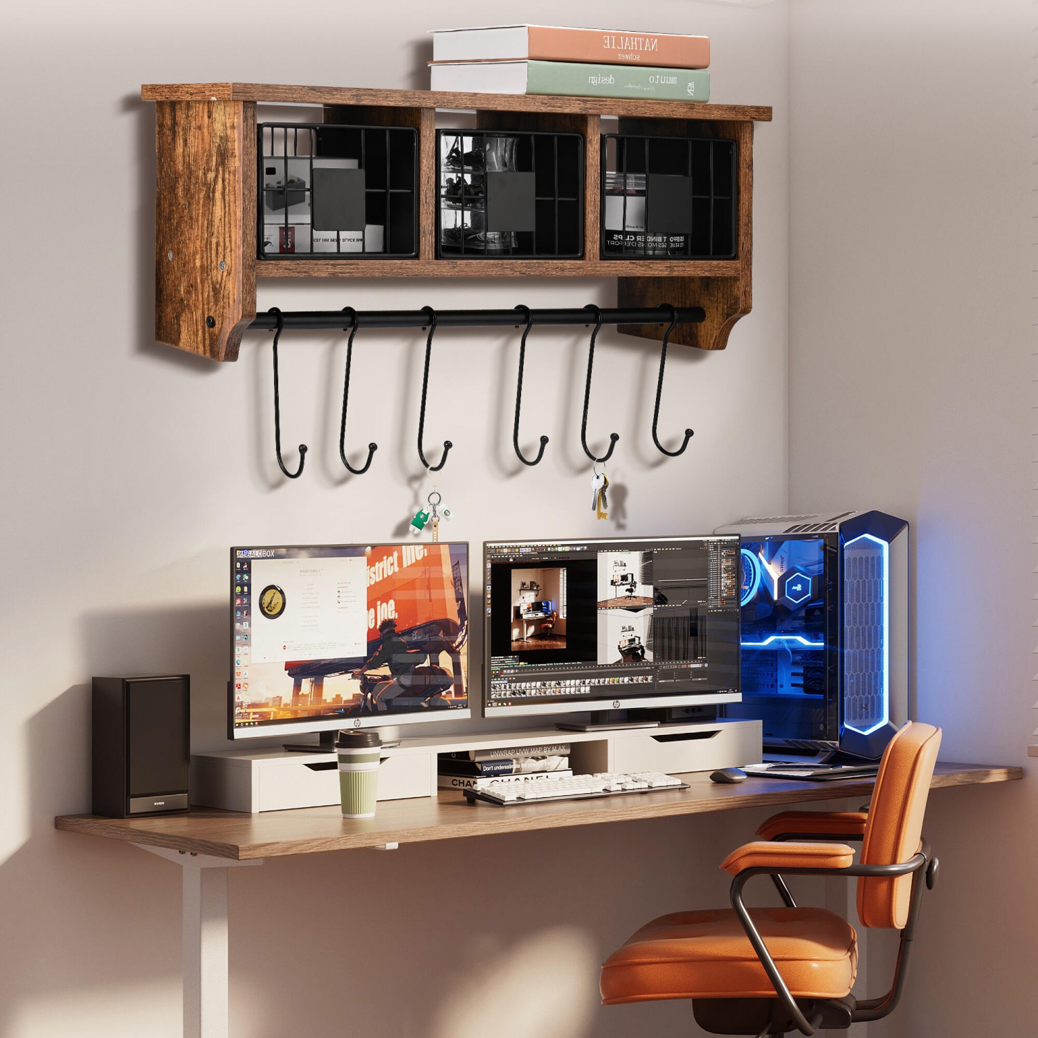 Retro Wall Mounted Shelf with 6 Hooks and Movable Metal Basket, 25” Entryway Organizer Shelf with Storage Cabinets, Wall Mount Coat Rack Hanging