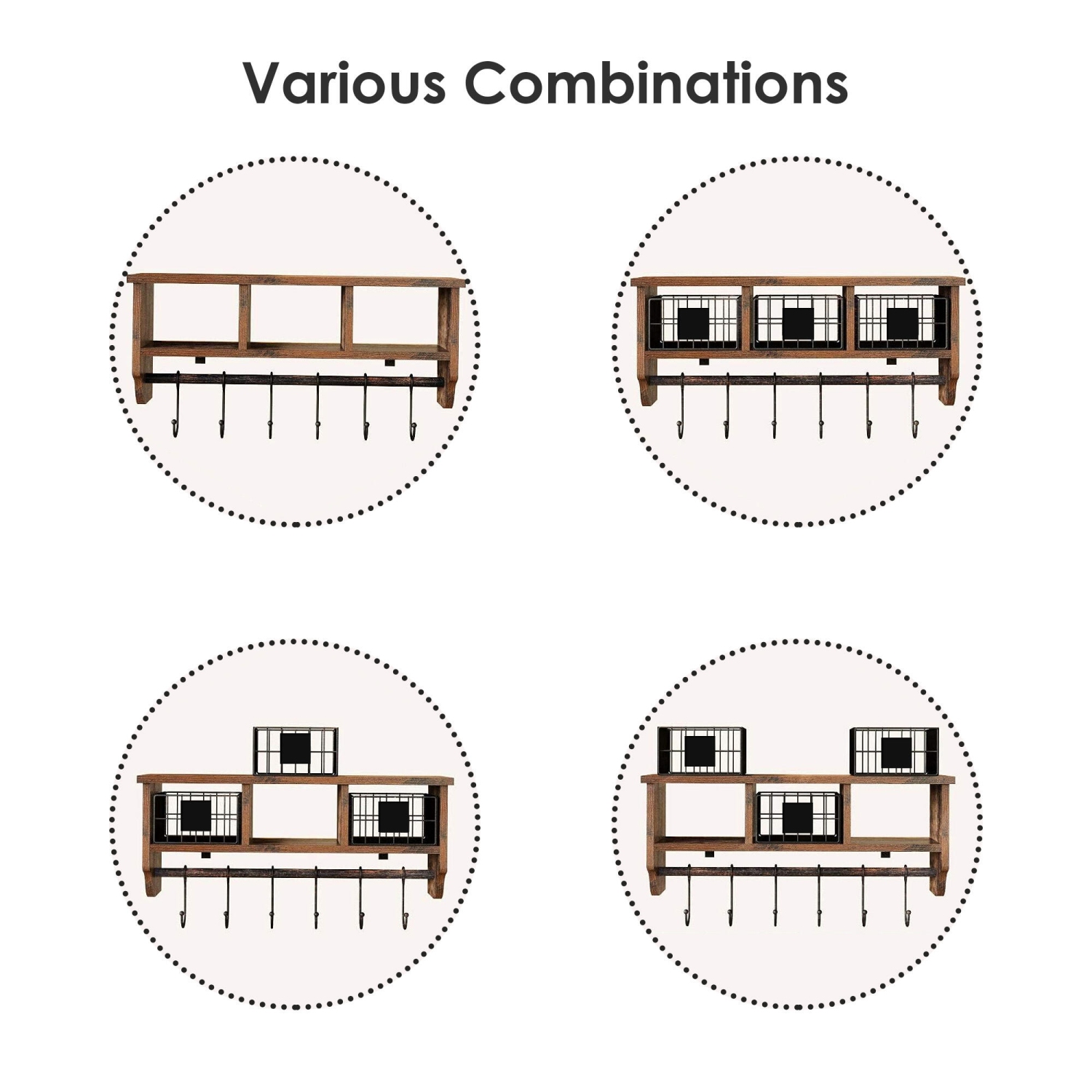 Retro Wall Mounted Shelf with 6 Hooks and Movable Metal Basket, 25” Entryway Organizer Shelf with Storage Cabinets, Wall Mount Coat Rack Hanging