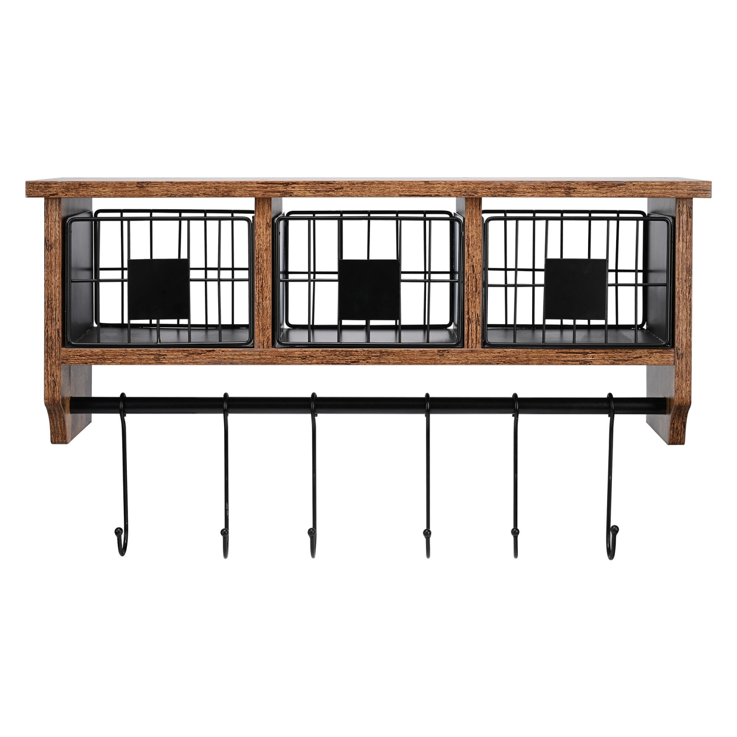 Retro Wall Mounted Shelf with 6 Hooks and Movable Metal Basket, 25” Entryway Organizer Shelf with Storage Cabinets, Wall Mount Coat Rack Hanging