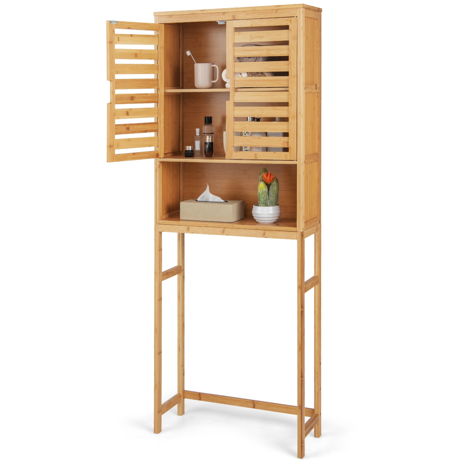 Costway Over the Toilet Storage Cabinet Tall Bathroom Bamboo Shelf Organizer Space Saver