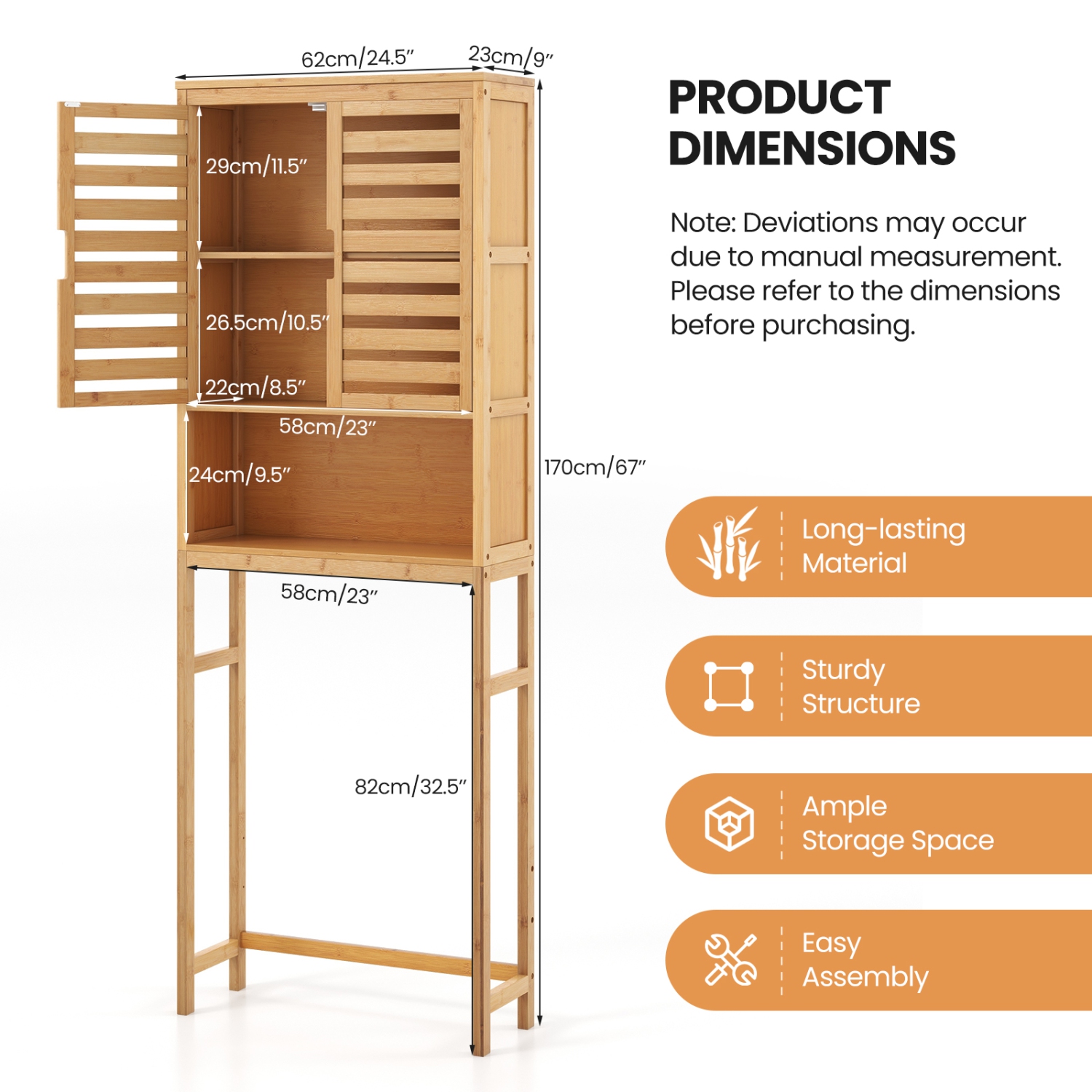 Costway Over the Toilet Storage Cabinet Tall Bathroom Bamboo Shelf Organizer Space Saver