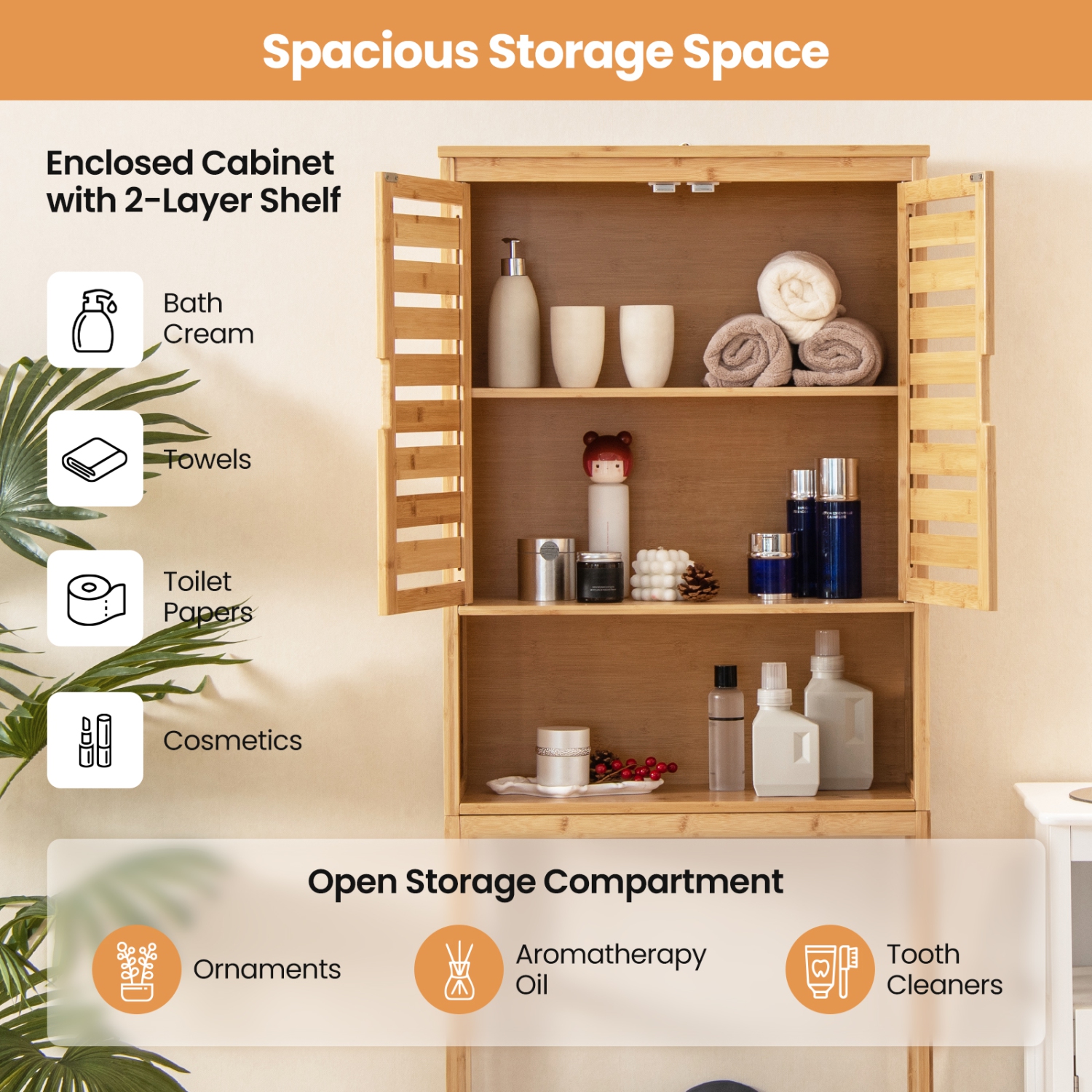 Costway Over the Toilet Storage Cabinet Tall Bathroom Bamboo Shelf Organizer Space Saver