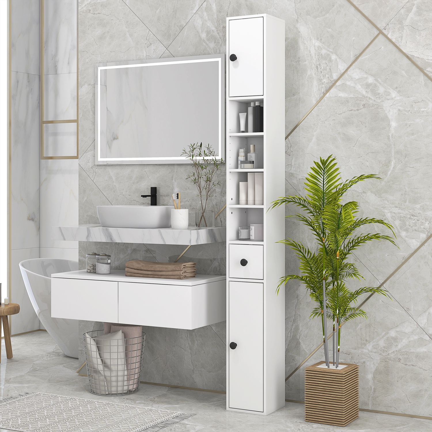 Armoire de rangement kleankin de 71&nbsp;po pour salle de bain, armoire étroite pour salle de bain avec tablettes ouvertes, 2 armoires de porte,