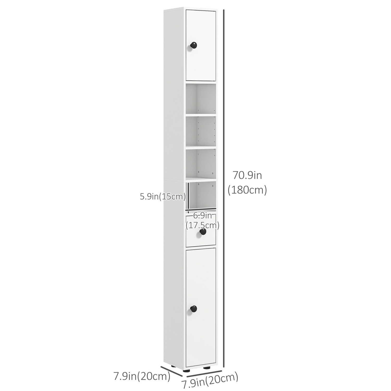 Armoire de rangement kleankin de 71&nbsp;po pour salle de bain, armoire étroite pour salle de bain avec tablettes ouvertes, 2 armoires de porte,