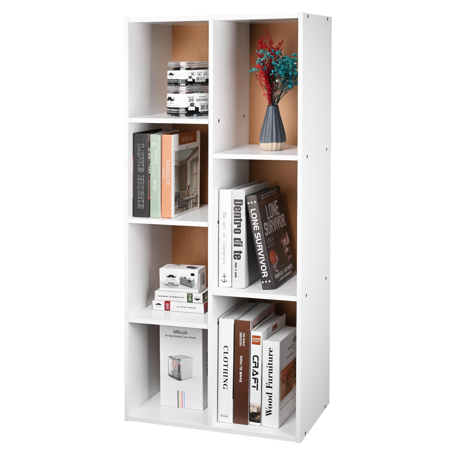 Bibliothèque ouverte à 7 cubes en blanc avec rangement de livres simple pour le salon, le bureau et la chambre à coucher
