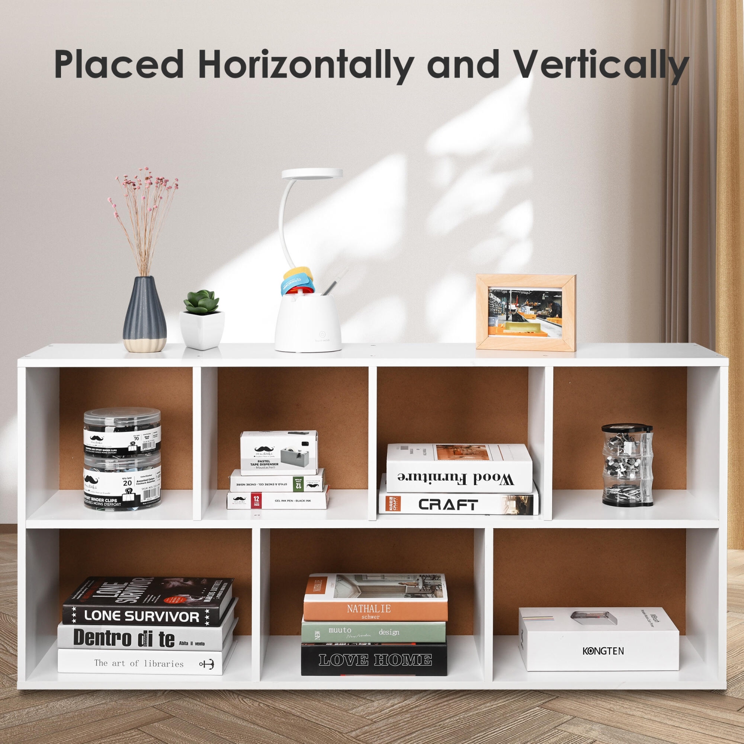 Bibliothèque ouverte à 7 cubes en blanc avec rangement de livres simple pour le salon, le bureau et la chambre à coucher