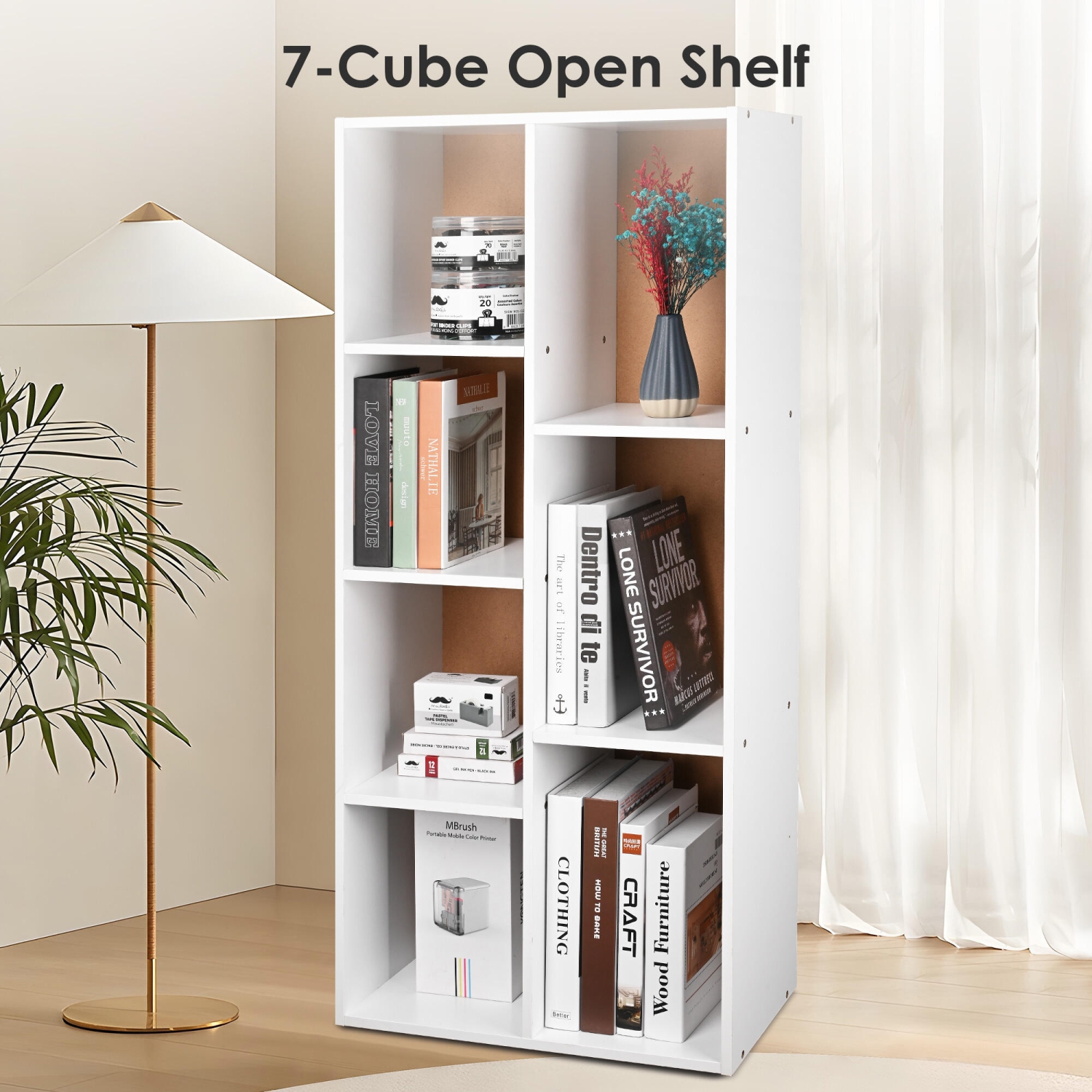 Bibliothèque ouverte à 7 cubes en blanc avec rangement de livres simple pour le salon, le bureau et la chambre à coucher