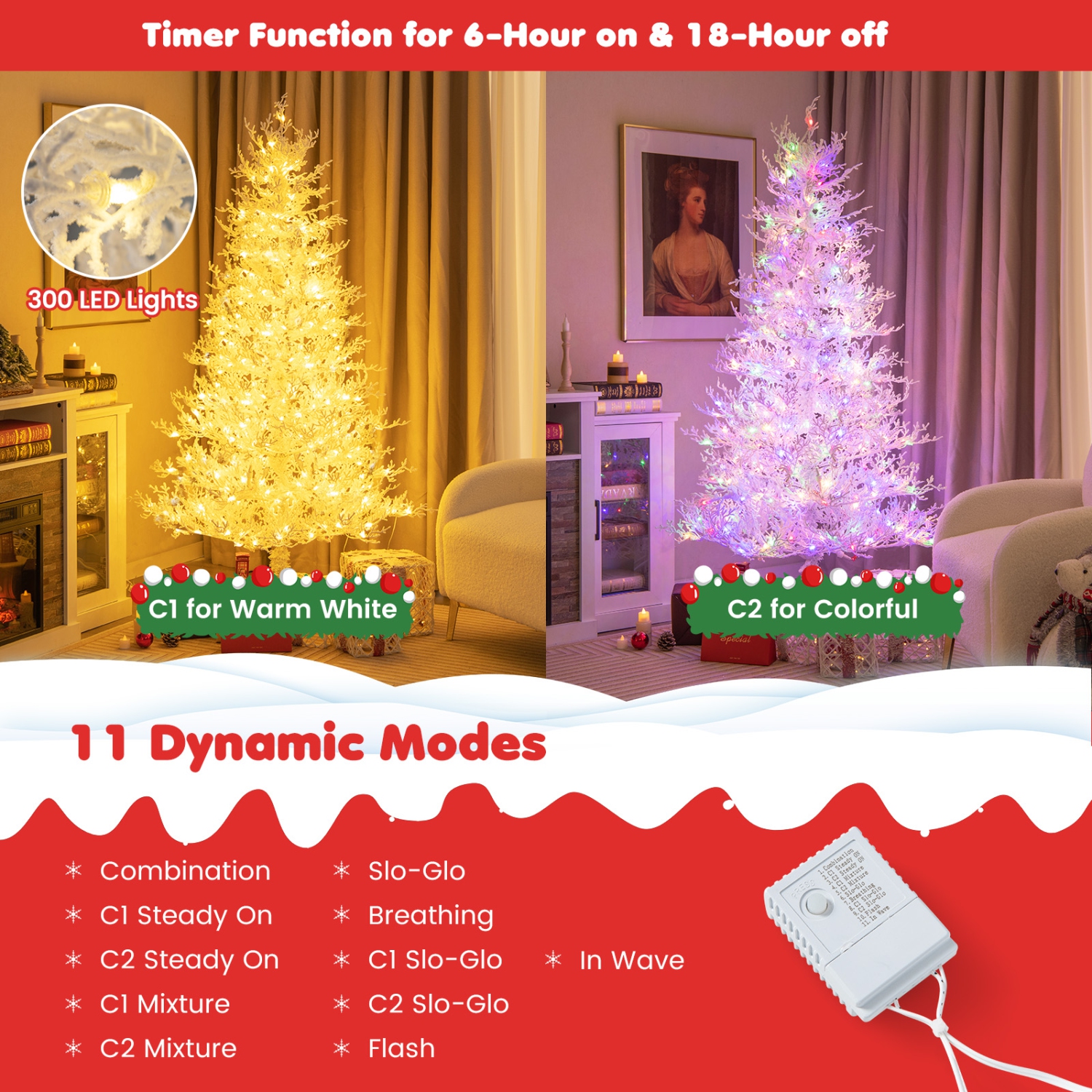 Costway 6 FT Pre-Lit Christmas Tree Snow Flocked Hinged 11 Lighting Modes with 300 Lights