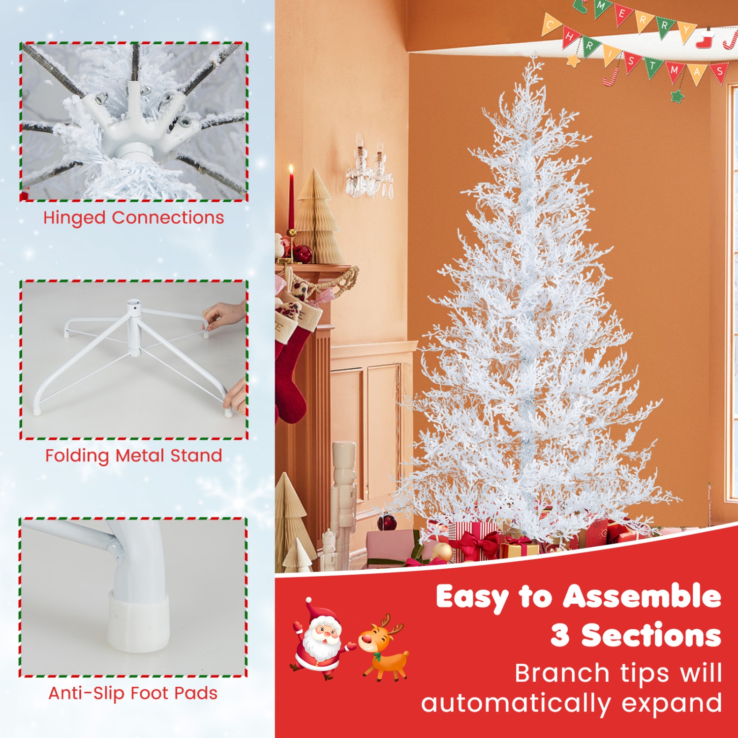 Costway 6 FT Pre-Lit Christmas Tree Snow Flocked Hinged 11 Lighting Modes with 300 Lights