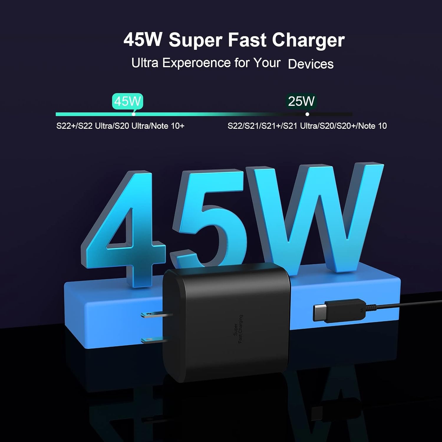 Chargeur super rapide de Samsung, adaptateur de chargement mural USB-C Super Fast de 45&nbsp;W avec câble de chargement rapide de type C de 5FT W.