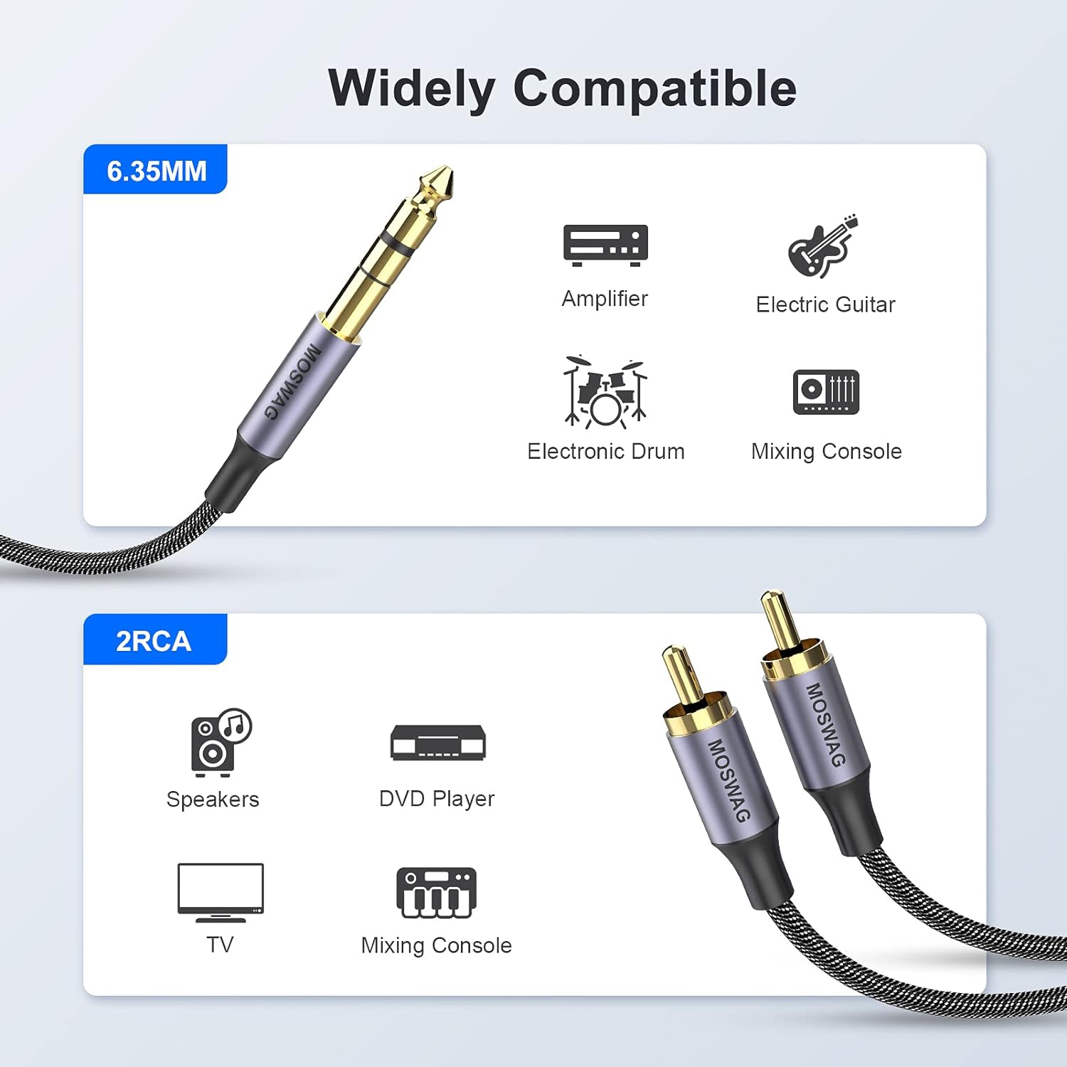 Câble adaptateur RCA à 1/4 mm, 6,35 mm câble répartiteur audio  mâle TRS vers RCA double, stéréo quart de pouce vers 2 RCA