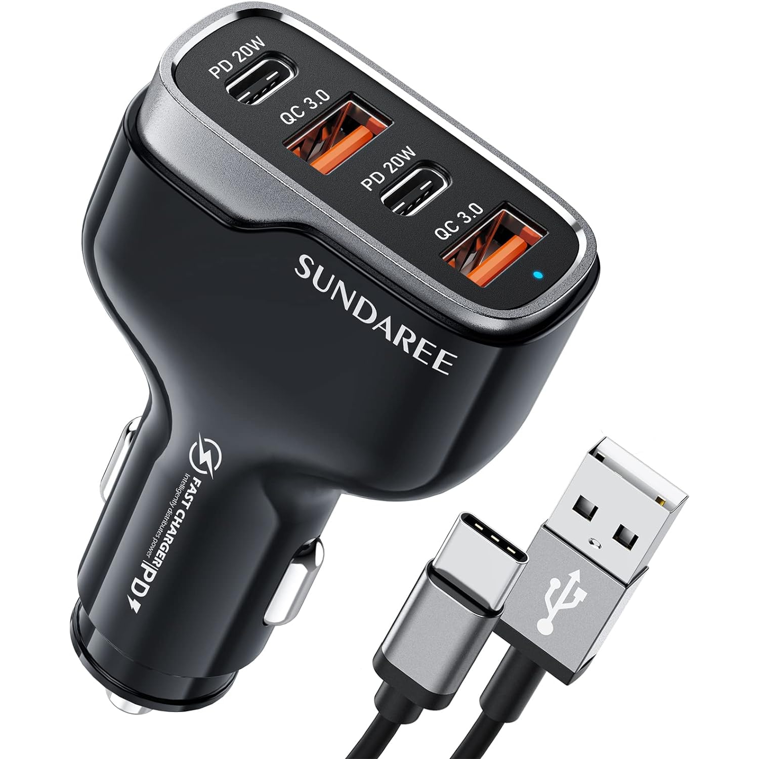 SUNDAREE Chargeur Voiture USB C,60W Multi 4 Port 12V 24V Type C