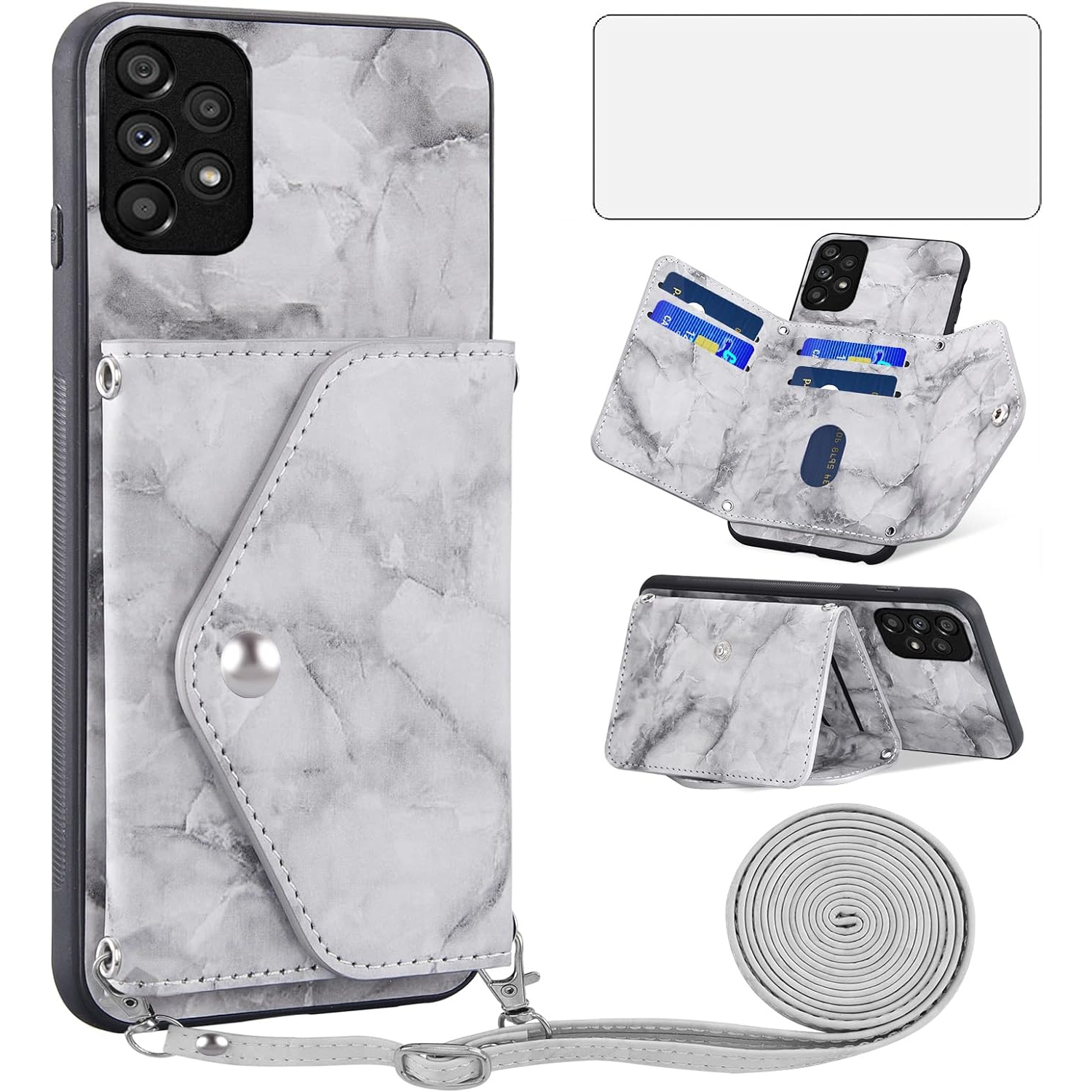 Phone Case for Samsung Galaxy A53 5G 2022 Wallet Cover with Screen Protector and Crossbody Strap Marble Credit Card