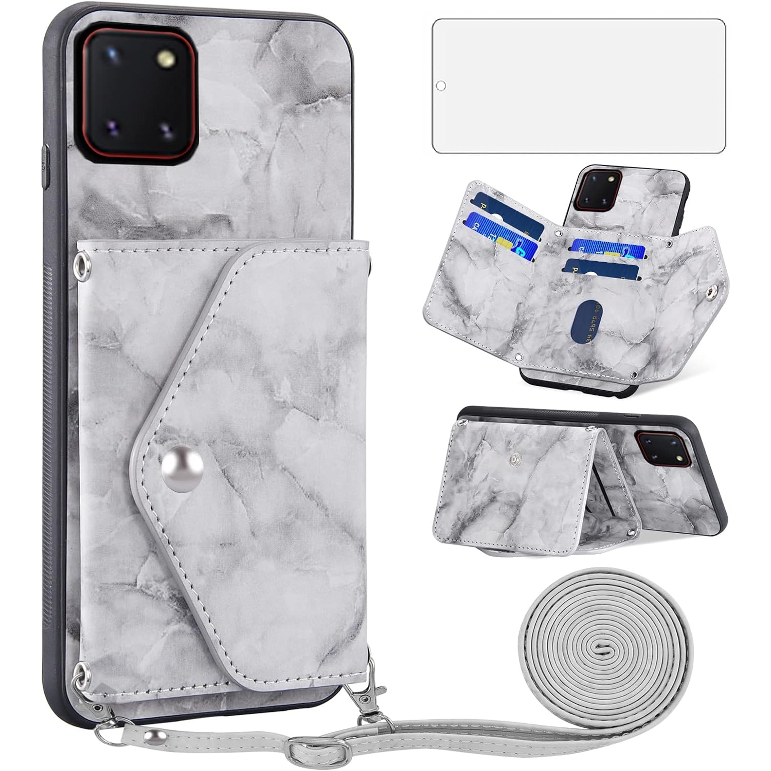 Phone Case for Samsung Galaxy Note 10 Lite Wallet Cover with Screen Protector Crossbody Strap Lanyard Marble Credit