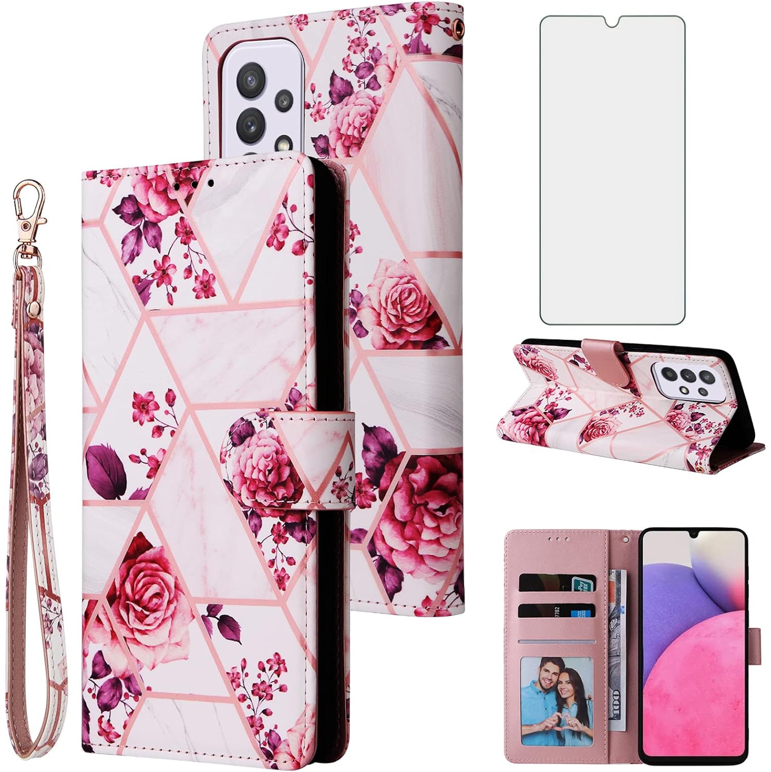Compatible with Samsung Galaxy A23 5G/4G Wallet Case and Tempered Glass Screen Protector Leather Flip Card