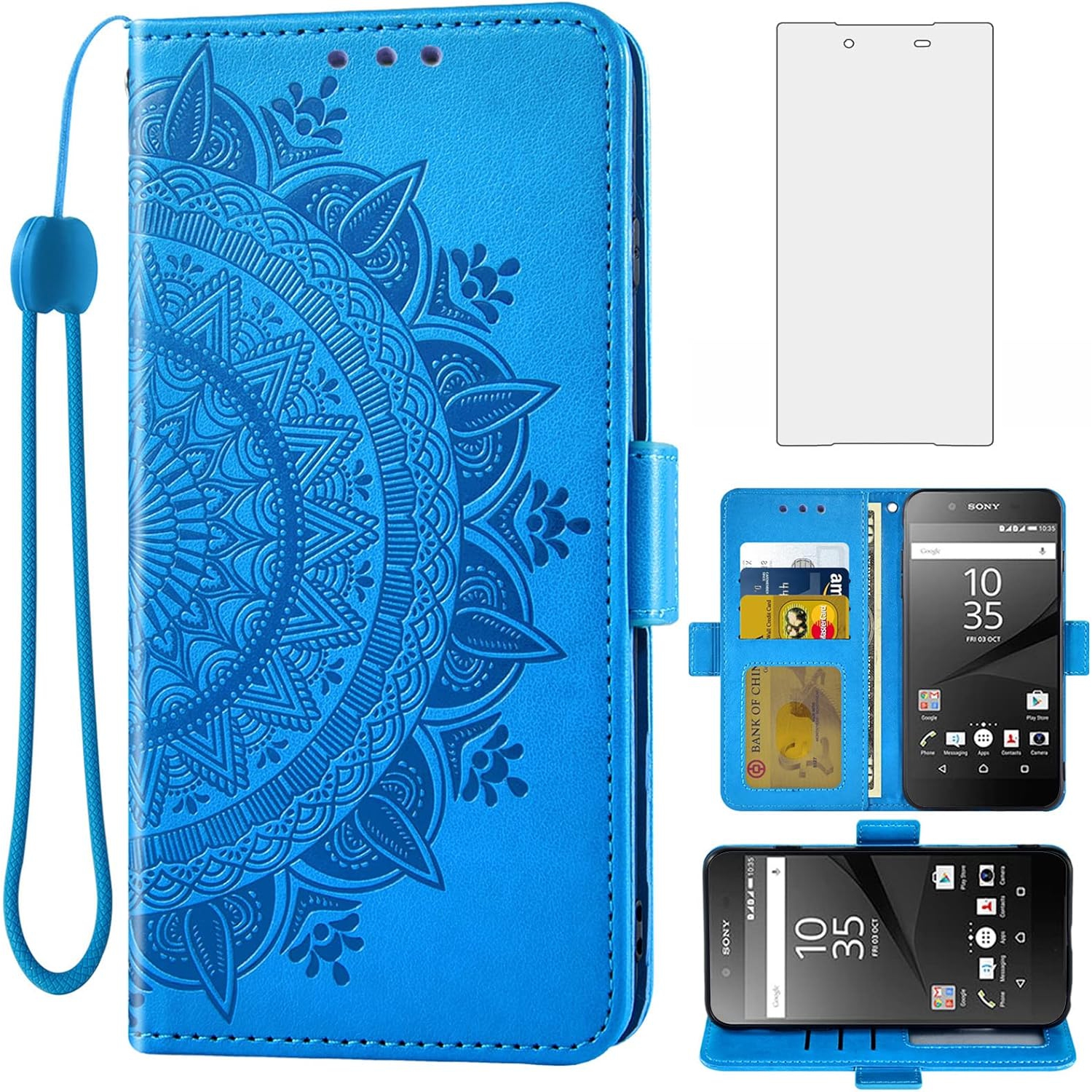 Compatible with Sony Xperia Z5 Wallet Case and Tempered Glass Screen Protector Credit Card Holder Flip Purse