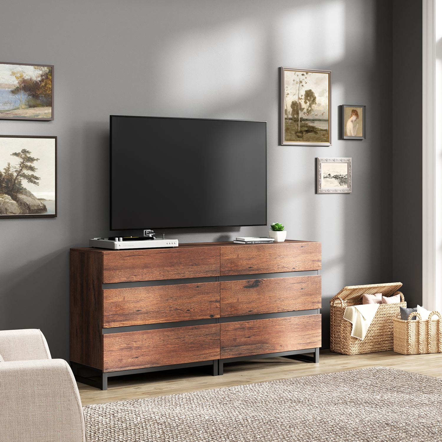 WAMPAT Modern TV Stand for TVs up to 70 inches,Entertainment Center TV Console with 6 Drawers and Metal Base,Media Console for Living