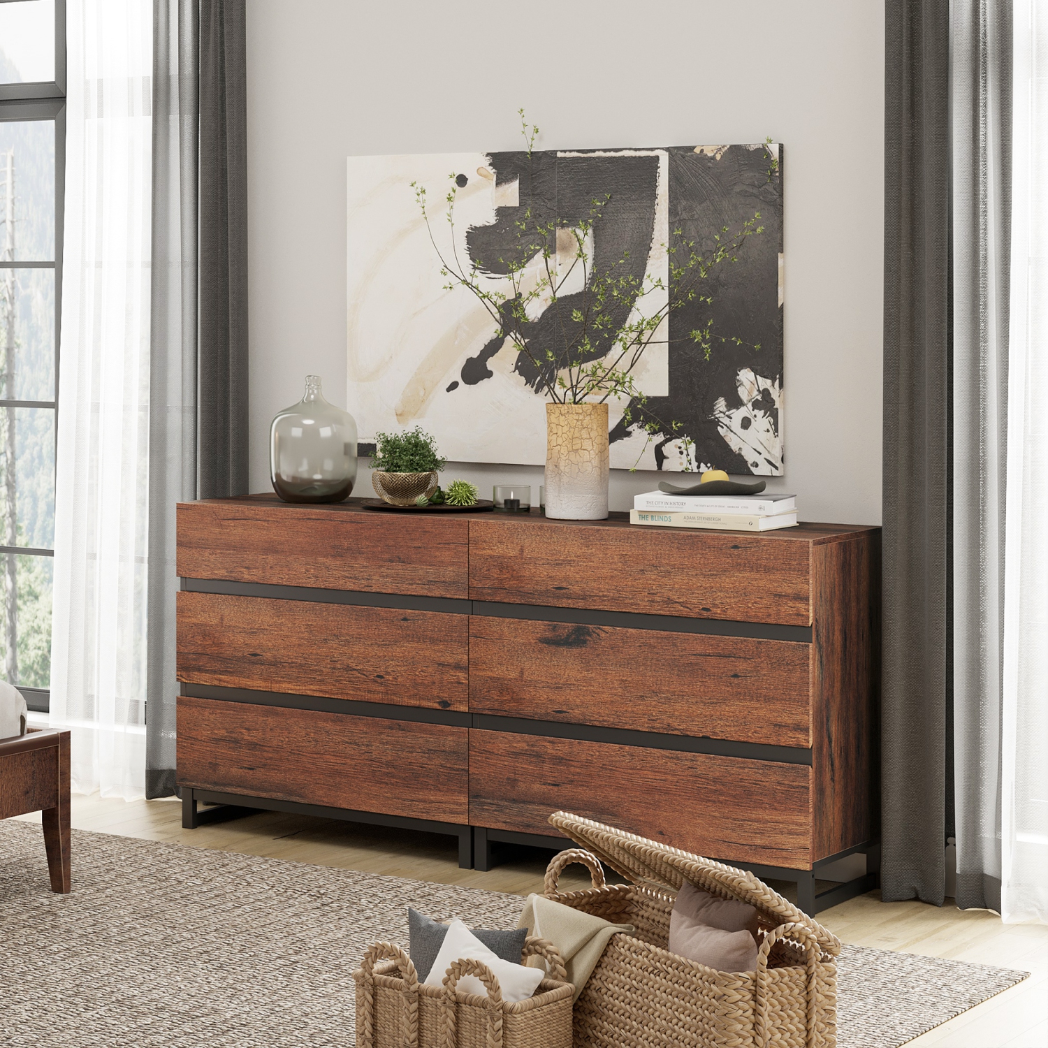 WAMPAT Modern TV Stand for TVs up to 70 inches,Entertainment Center TV Console with 6 Drawers and Metal Base,Media Console for Living