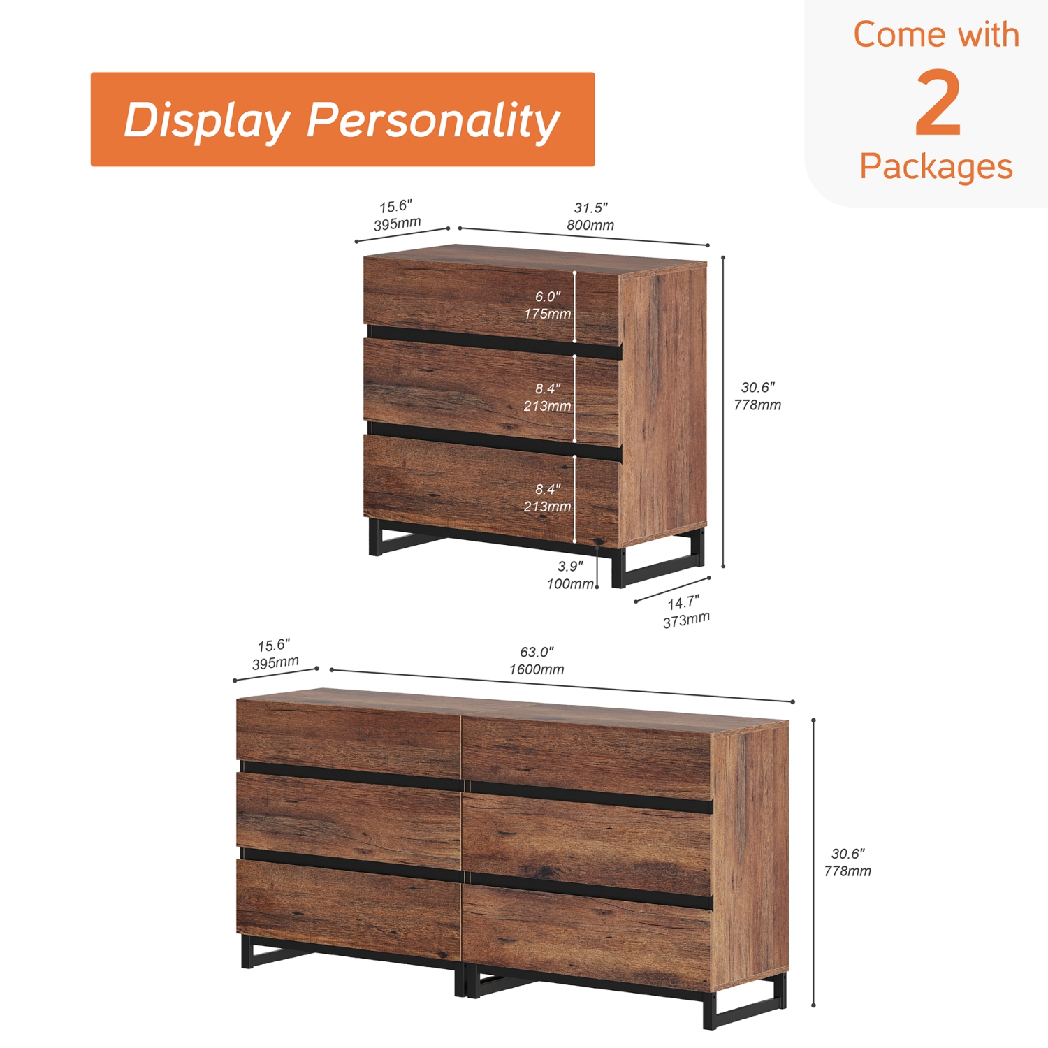 WAMPAT Dresser for Bedroom with 6 Drawers, Chest of Drawers with Metal Base, Modern Wood Dresser, Brown