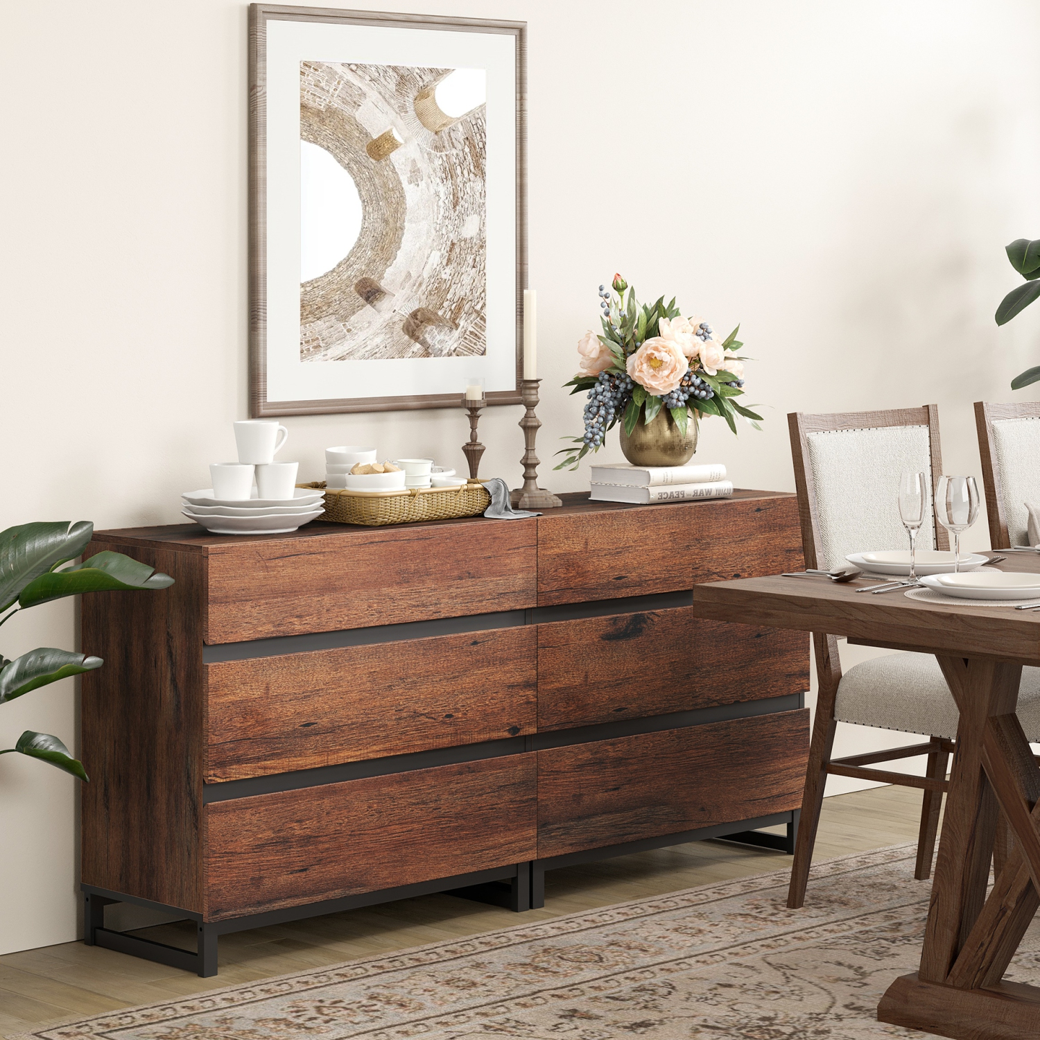 WAMPAT Dresser for Bedroom with 6 Drawers, Chest of Drawers with Metal Base, Modern Wood Dresser, Brown