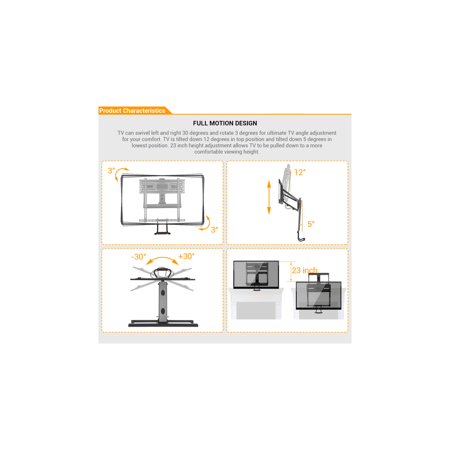 43-70 Inch Above Fireplace Pull-Down Full Motion TV Wall Mount, TV Mounts Bracket Max Load Capacity 77lbs and VESA up to 600x400