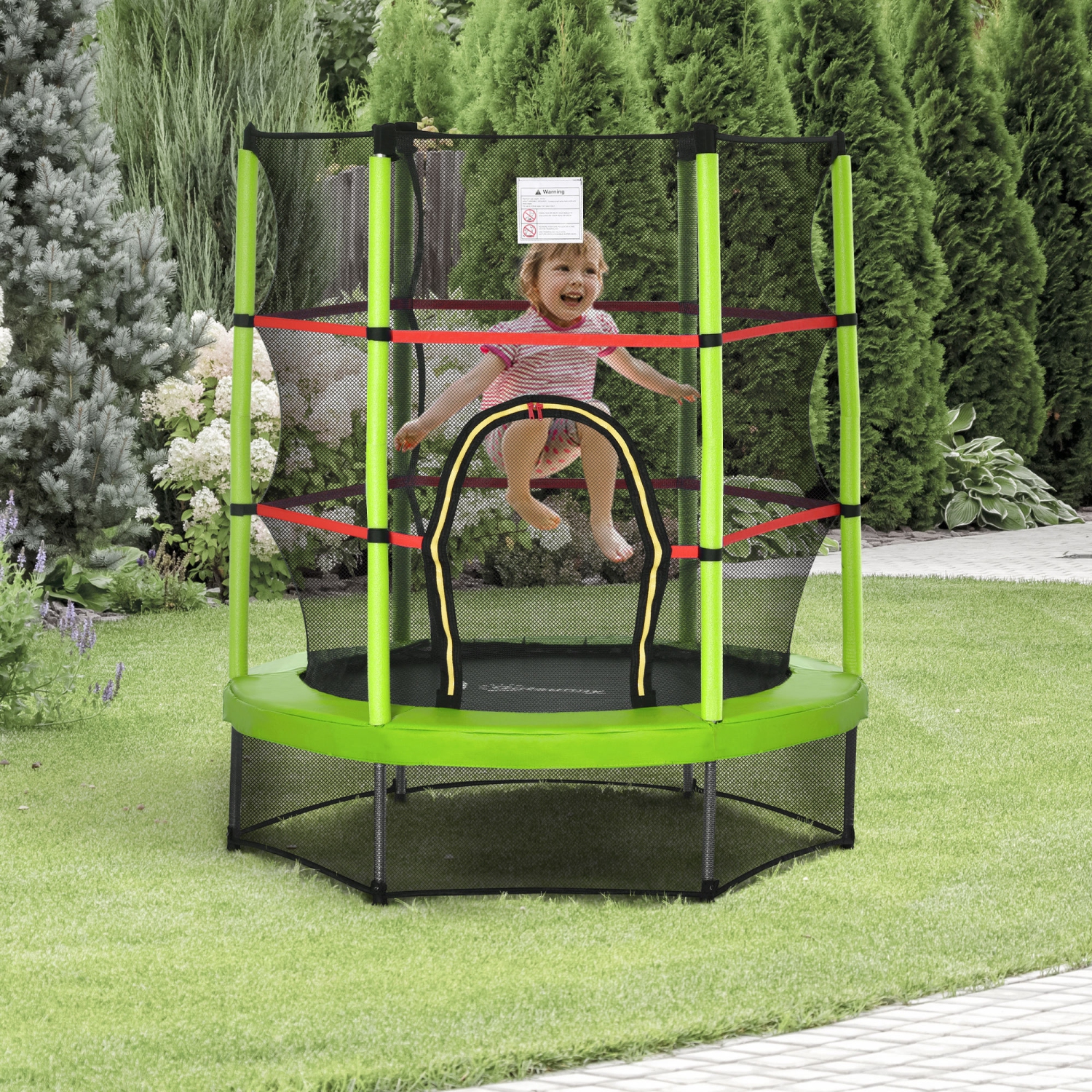 Outsunny 55" Kids Trampoline with Enclosure Net Steel Frame Indoor Round Bouncer Rebounder Age 3 to 6 Years Old, Green