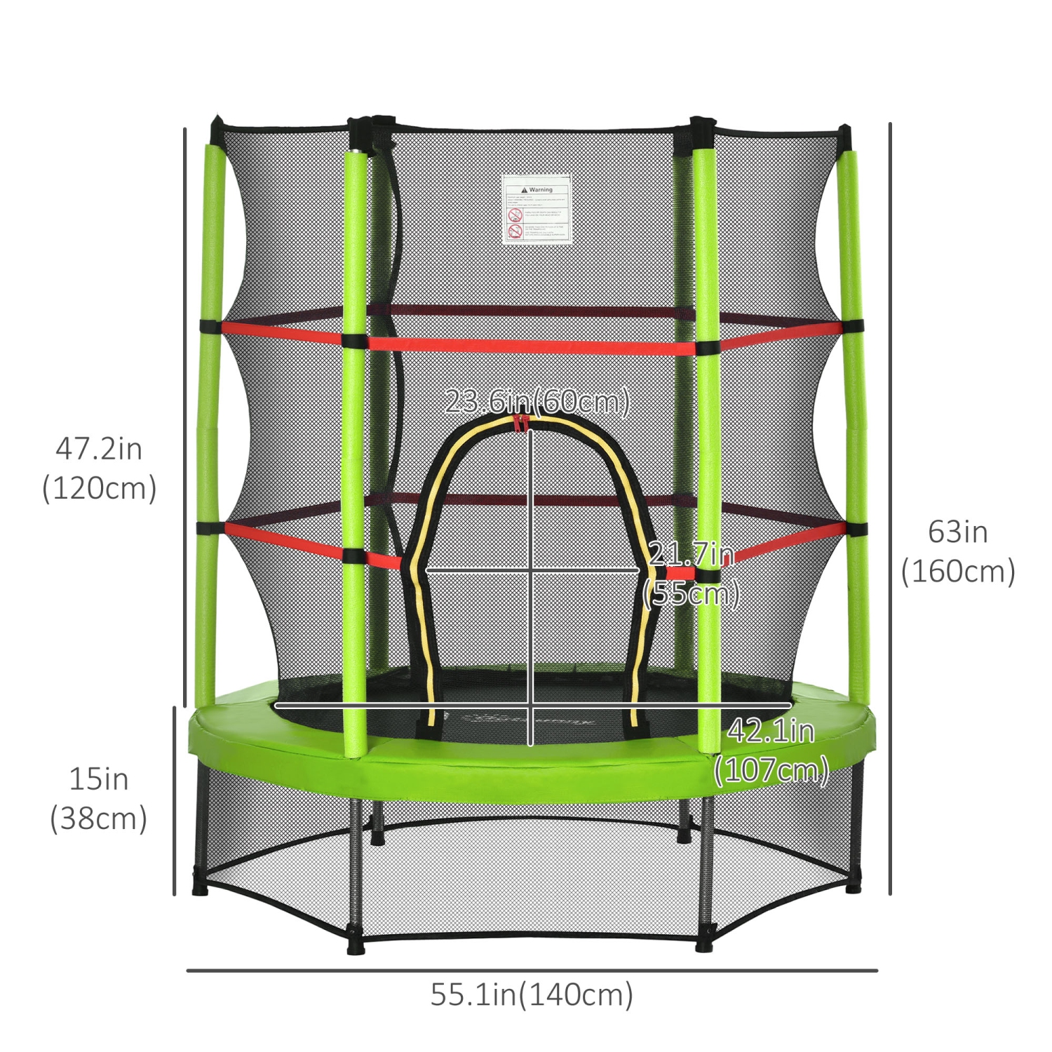 Outsunny 55" Kids Trampoline with Enclosure Net Steel Frame Indoor Round Bouncer Rebounder Age 3 to 6 Years Old, Green