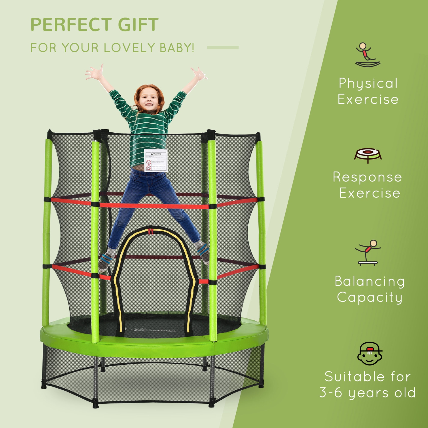 Outsunny 55" Kids Trampoline with Enclosure Net Steel Frame Indoor Round Bouncer Rebounder Age 3 to 6 Years Old, Green
