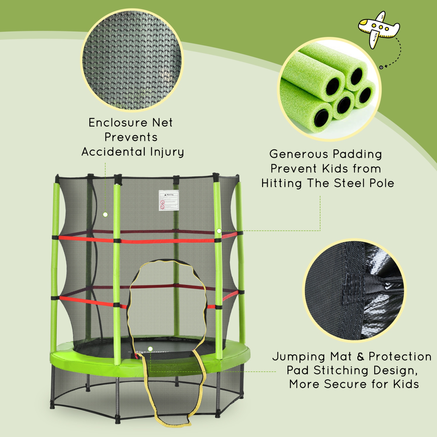 Outsunny 55" Kids Trampoline with Enclosure Net Steel Frame Indoor Round Bouncer Rebounder Age 3 to 6 Years Old, Green