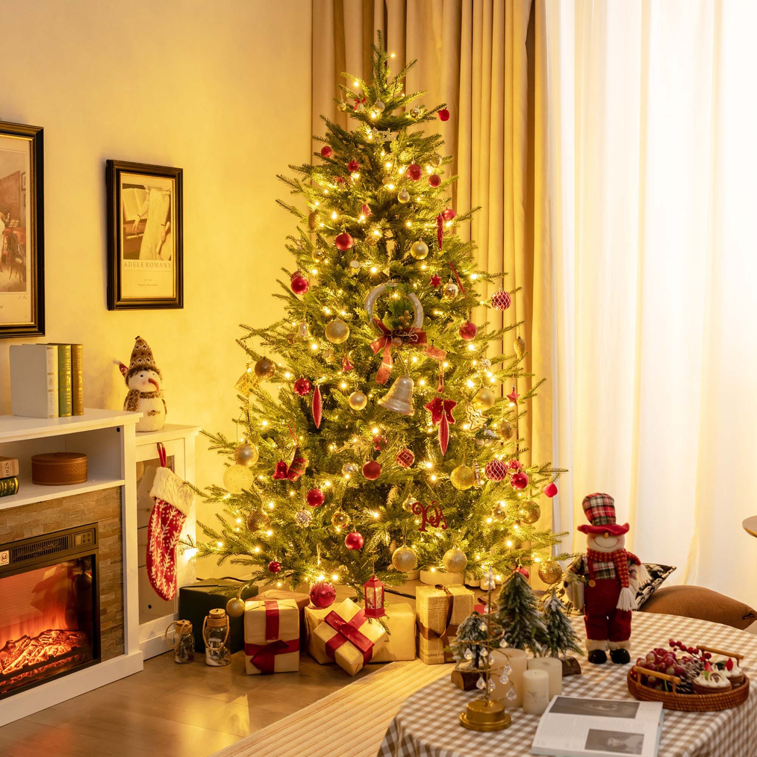 Costway 7 FT Pre-Lit Artificial Christmas Tree Hinged 1130 Branch Tips & 380 LED Lights