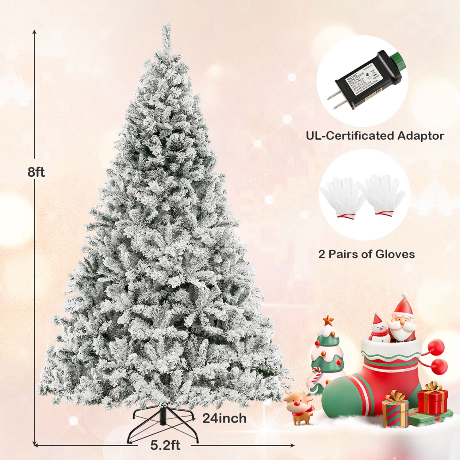Costway 8 FT Pre-Lit Christmas Tree 3-Minute Quick Shape Flocked Decor with 600 LED Lights