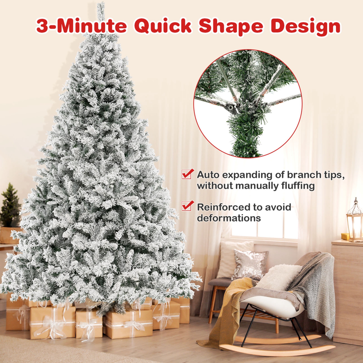 Costway 8 FT Pre-Lit Christmas Tree 3-Minute Quick Shape Flocked Decor with 600 LED Lights