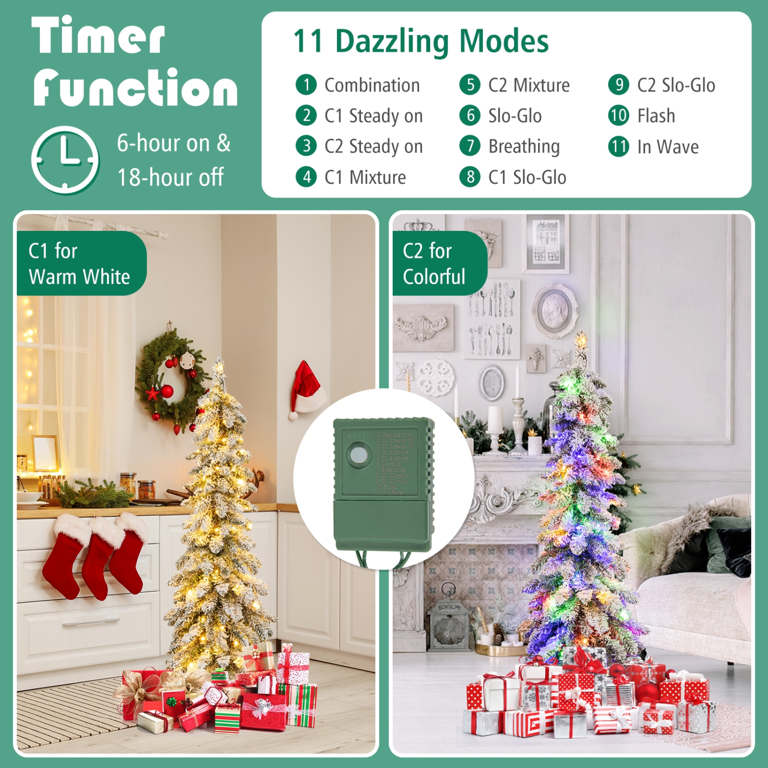 Costway 4 FT Pre-Lit Slim Christmas Tree Flocked Xmas Decoration 11 Modes 100 LED Lights