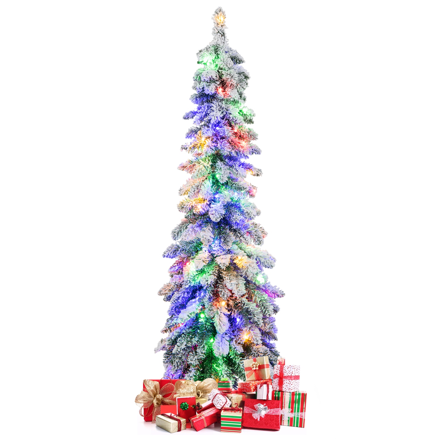 Costway 4 FT Pre-Lit Slim Christmas Tree Flocked Xmas Decoration 11 Modes 100 LED Lights