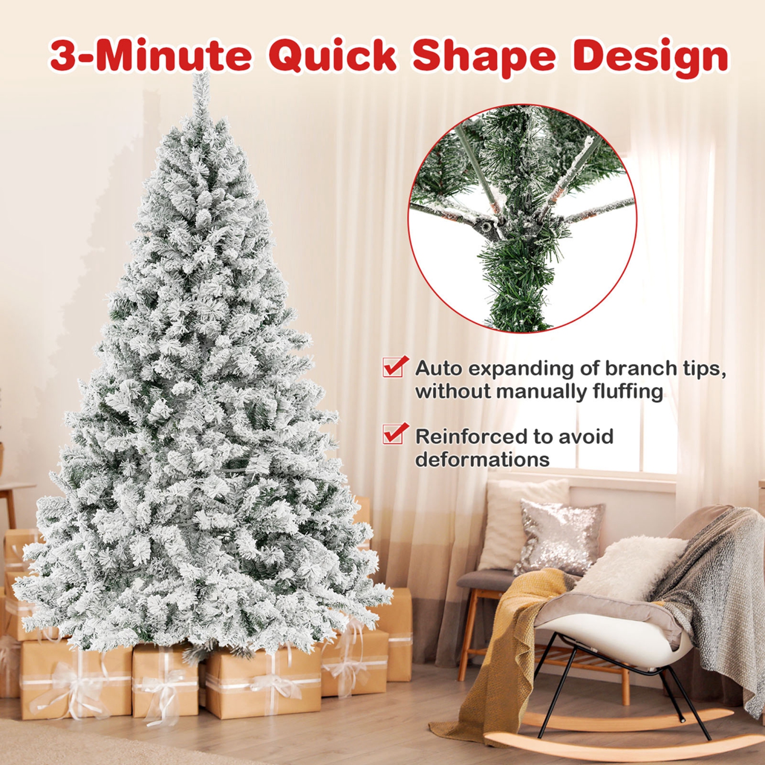 Costway 7 FT Pre-Lit Christmas Tree 3-Minute Quick Shape Flocked Decor with 450 LED Lights
