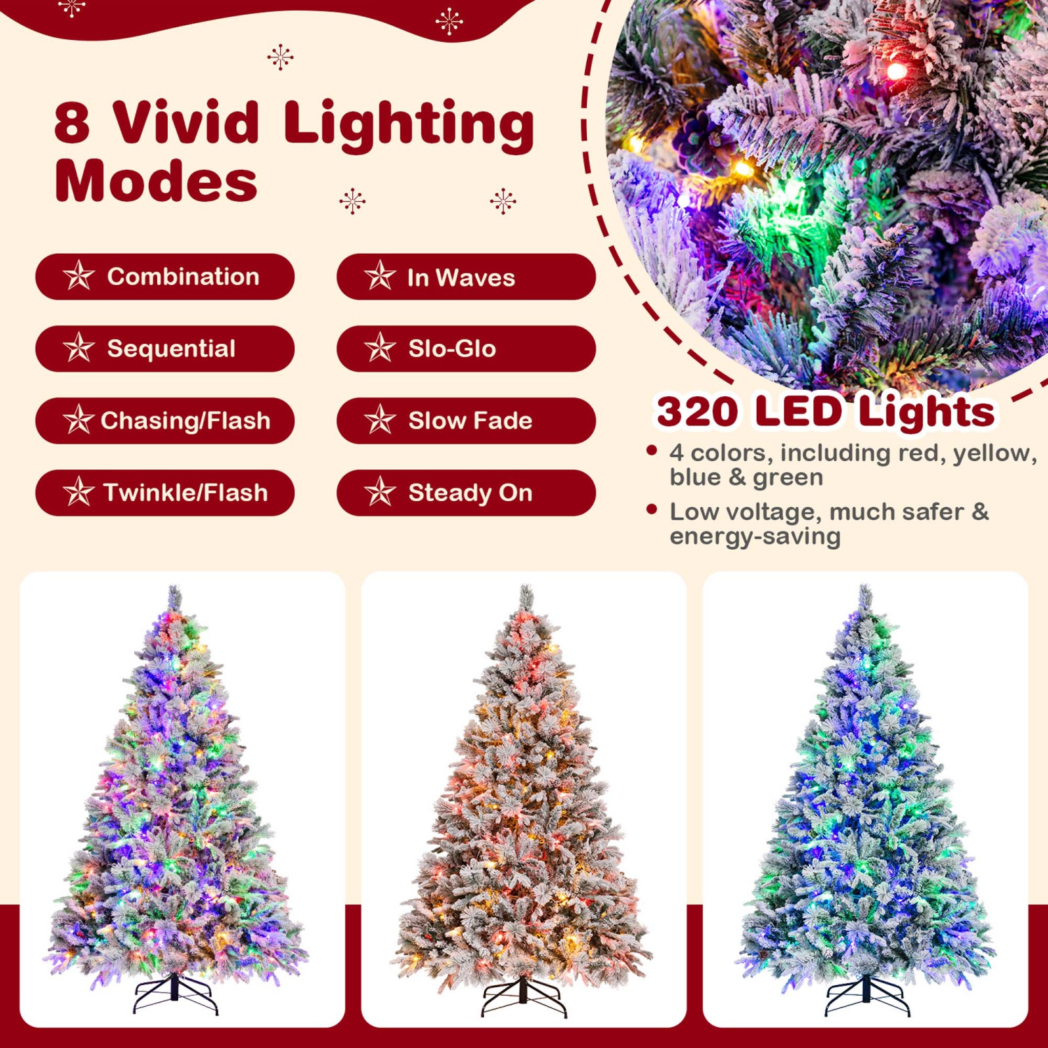Costway 7 FT Pre-Lit Snow Flocked Christmas Tree Hinged Xmas Tree with 8 Modes 320 Lights