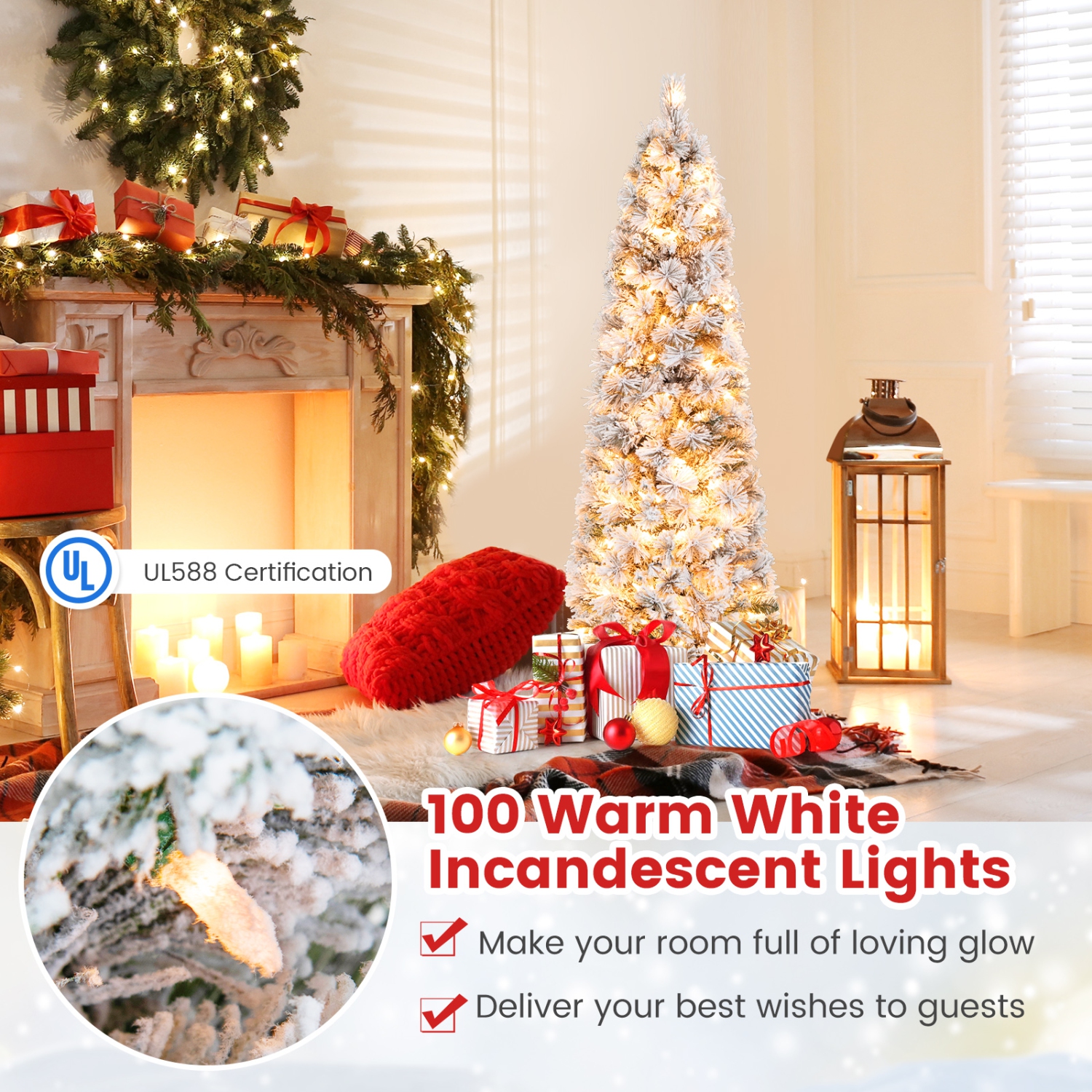 Décoration de Noël mince illuminée de 4,5 pi avec aiguilles et lumières en pin de Costway