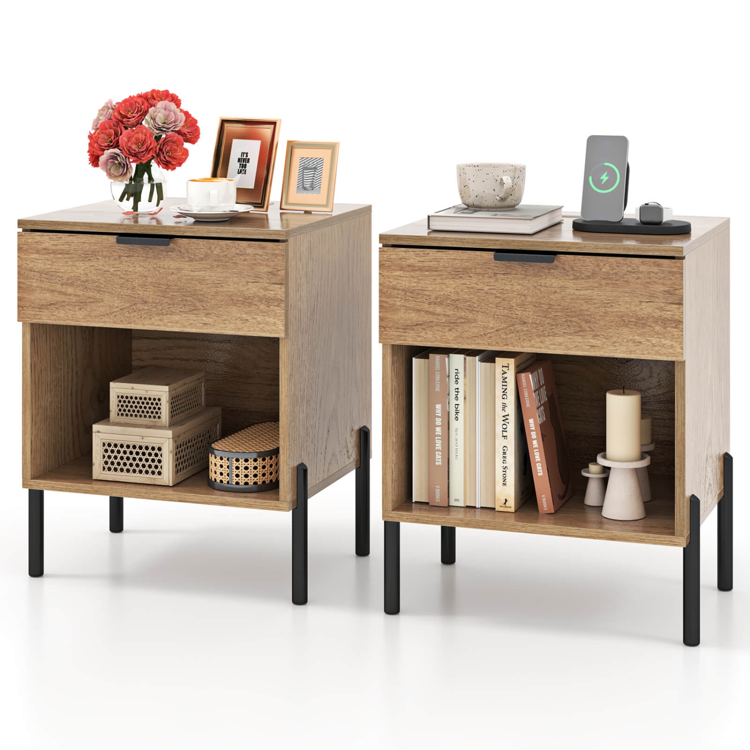 Table de chevet 2pcs de Costway avec compartiment de tiroir de station de chargement table d'extrémité moderne