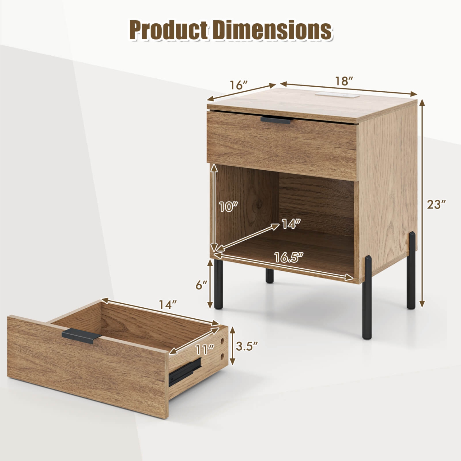 Table de chevet 2pcs de Costway avec compartiment de tiroir de station de chargement table d'extrémité moderne