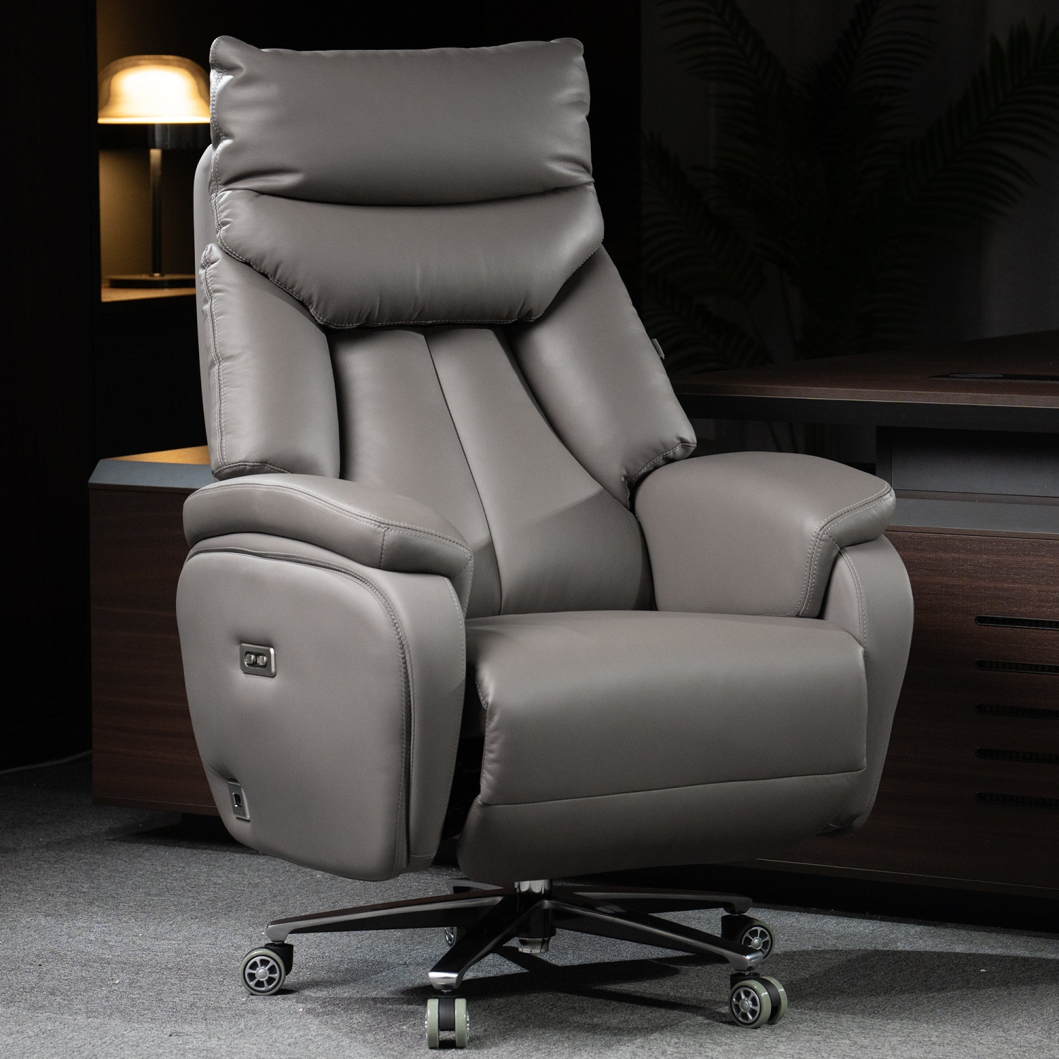 Kinnls Coast Power Office Recliner Chair Executive Desk Chair Fully Reclining Modern Minimalist Ergonomic Genuine Leather Office Chair with Arms