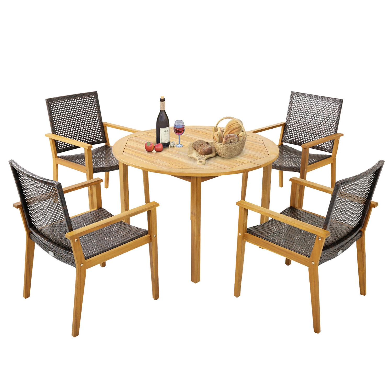 Gymax 5 PCS Patio Dining Set Round Acacia Wood Table 4 Wicker Armchairs Outdoor Garden