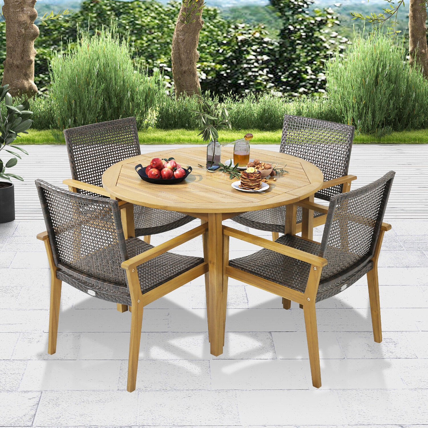 Gymax 5 PCS Patio Dining Set Round Acacia Wood Table 4 Wicker Armchairs Outdoor Garden