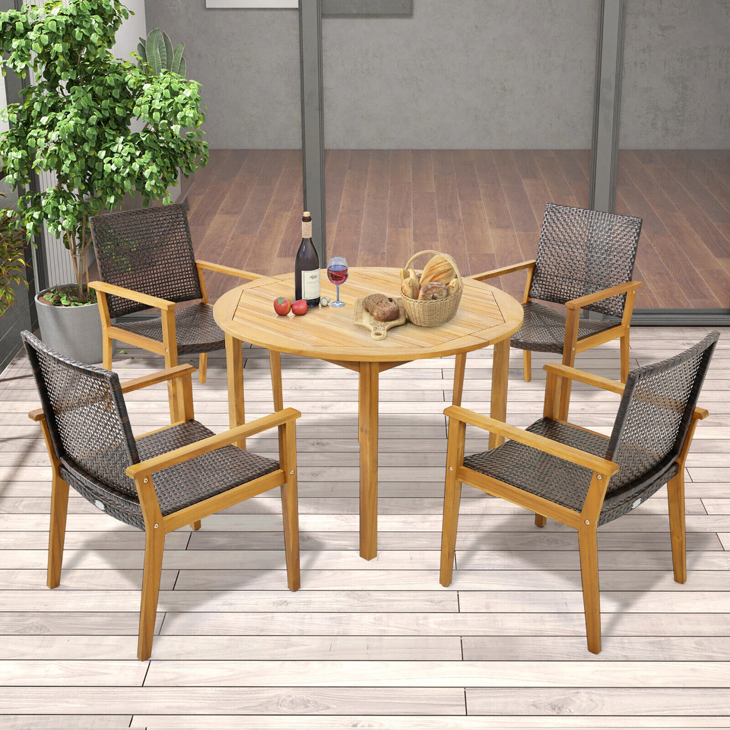 Gymax 5 PCS Patio Dining Set Round Acacia Wood Table 4 Wicker Armchairs Outdoor Garden