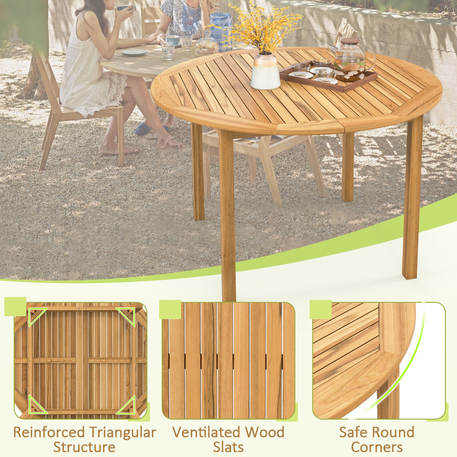 Gymax 5 PCS Patio Dining Set Round Acacia Wood Table 4 Wicker Armchairs Outdoor Garden