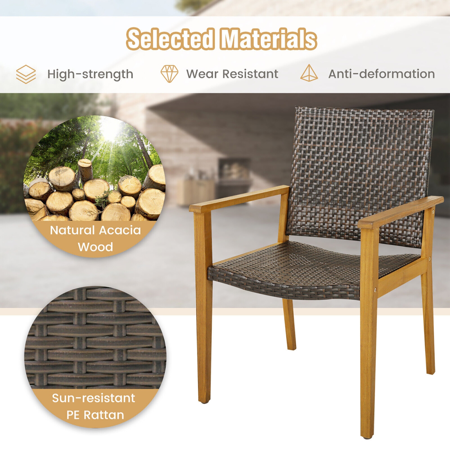 Gymax 5 PCS Patio Dining Set Round Acacia Wood Table 4 Wicker Armchairs Outdoor Garden